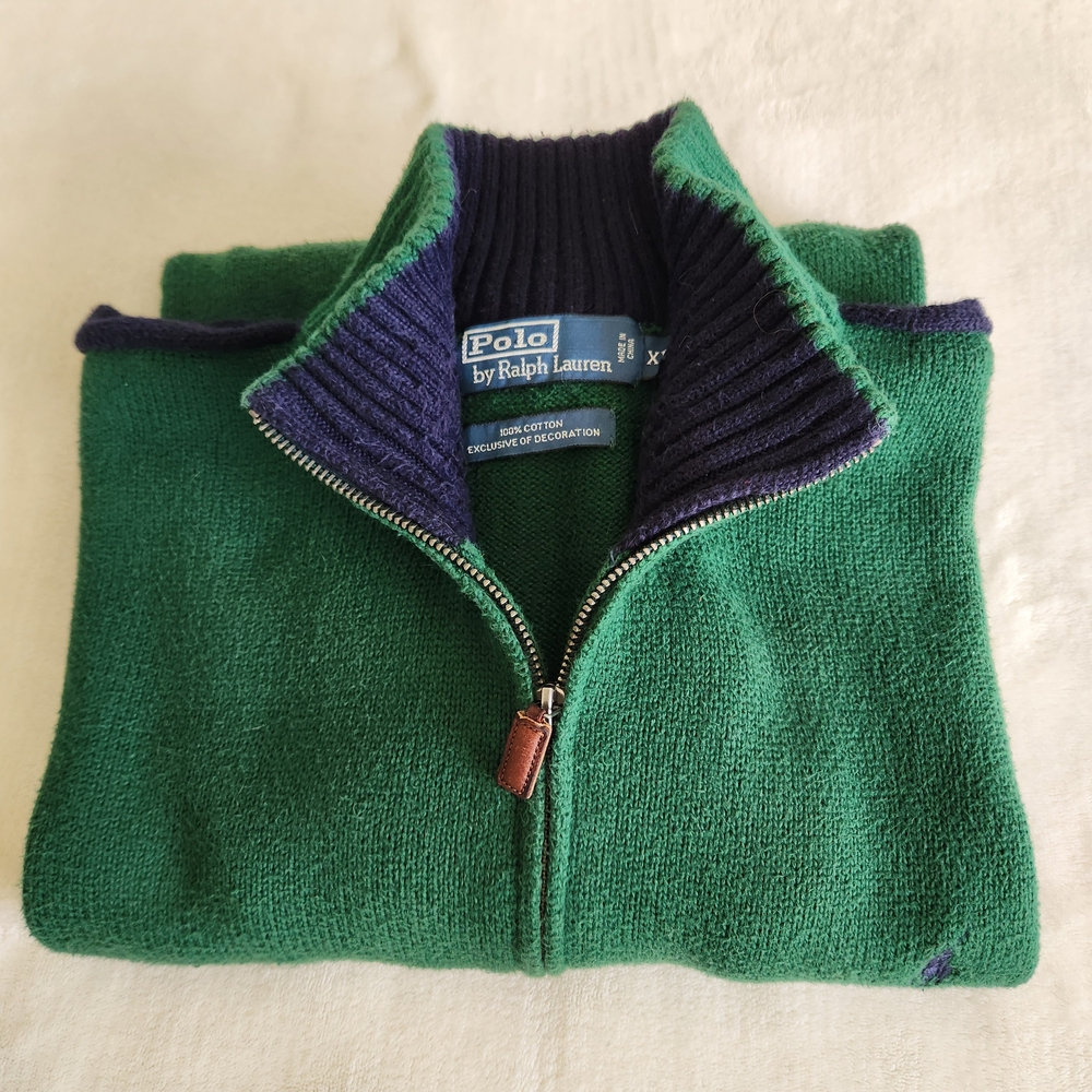 Polo Ralph Lauren VINTAGE 90s Forest Green Zip-Up Sweater XL - Picture 2 of 7